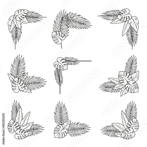 Elegant tropical foliage corner design elements for invitations, greetings, or branding projects, bringing a touch of exotic botanical style and natural beauty