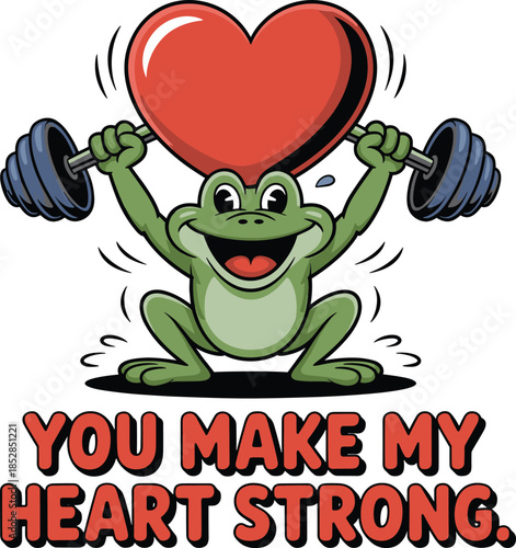 A cute green cartoon frog character smiles happily while holding a red heart in this funny vector illustration of a love-struck amphibian prince design for Valentine clipart