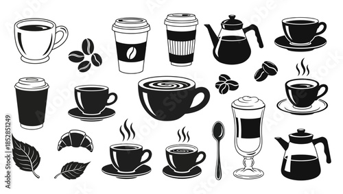 Coffee Icon Set Hand Drawn Cafes Doodle Illustration Morning Hot Beverage Breakfast Cup Take Away Eatery Barista Menu Cartoon Object Latte Drink Cocktail Black