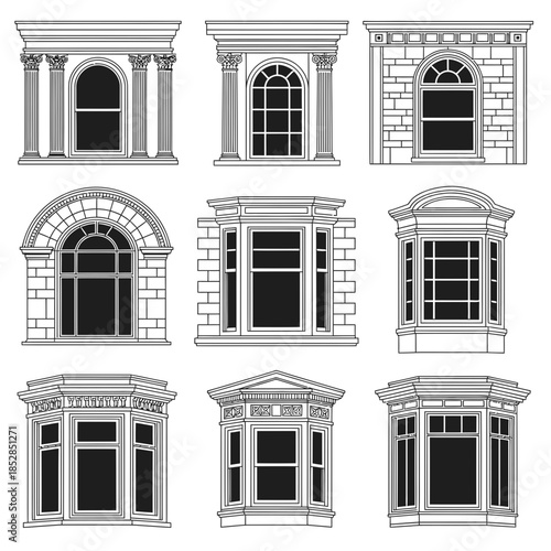Collection of stunning classical architectural window designs perfect for elegant building renovations and historical facade detailing