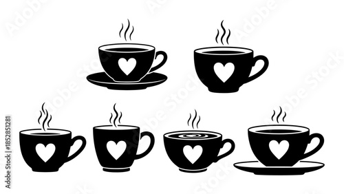 Hand Drawn Coffee Cups With Hearts Set Doodle Sketch Of Hot Drinks Like Tea Or Cappuccino For Cafe Menu