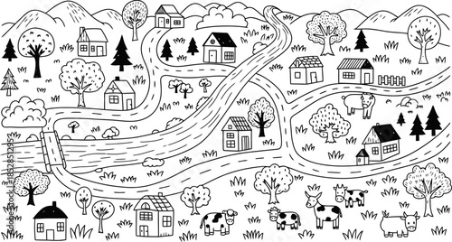 Kids Doodle Map Creator Hand Drawn Naive Child Nature Landscape Village Nature Farm Animal Scribble Kindergarten Game Background River Road Houses