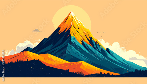 Vibrant mountain landscape with a bright sun, showcasing a blend of orange, yellow, and blue hues.