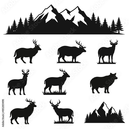 Stunning collection of diverse elk and deer silhouettes against dramatic mountain and forest backdrops perfect for nature branding