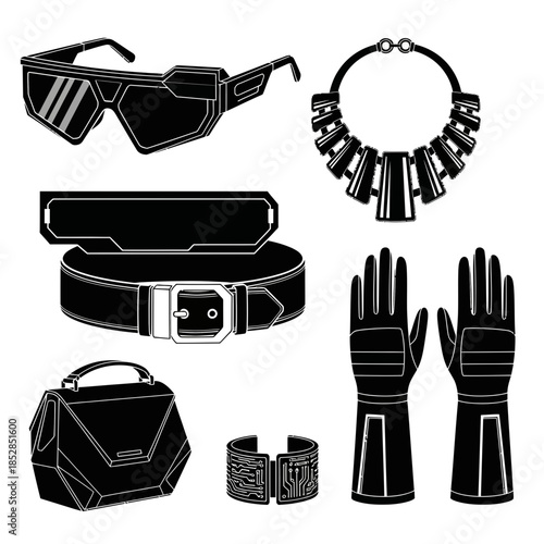 Stunning collection of futuristic cyber-fashion accessories including glowing glasses belt necklace gloves and tech cuff
