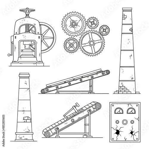 Stunning collection of vintage industrial machinery outlines featuring gears, conveyor belts, and factory smokestacks for manufacturing concepts