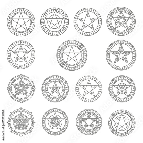 Collection of detailed occult pentagram seals and magical runic circle designs perfect for fantasy projects