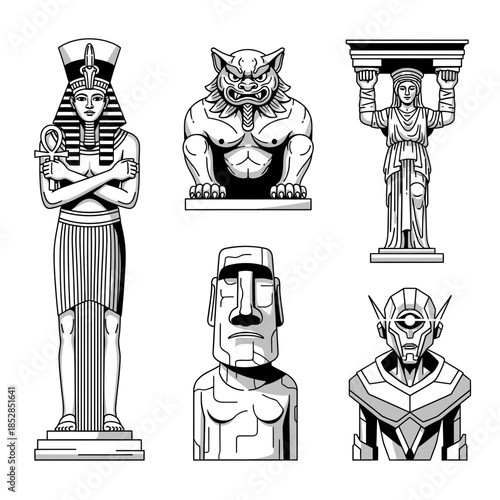 Collection of stunning black and white ancient and futuristic statues icons representing diverse world cultures and history