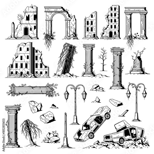 Stunning collection of detailed black and white ruins, broken architecture, and post apocalyptic debris perfect for game assets