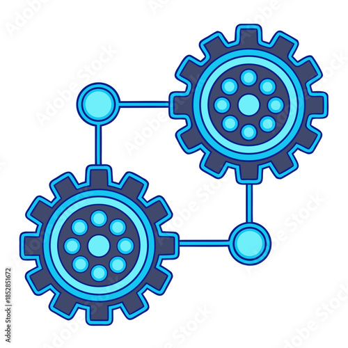 A gear cog machinery technology automation connection engineering network blue gear illustration with linked mechanism shows