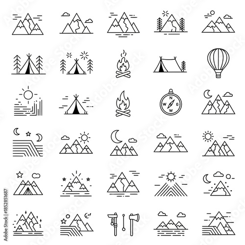 Stunning collection of minimalist line art icons representing outdoor adventure camping hiking and nature exploration themes
