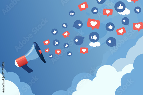 A megaphone broadcasting social media likes and engagement symbols into the sky