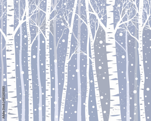 A serene winter landscape featuring birch trees and falling snowflakes