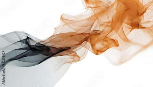 Minimalistic abstract representation of smoke in graceful grey and orange hues flowing elegantly across a white background
