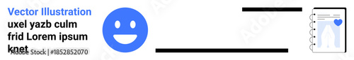 Communication, happiness, data analysis, health tracking, digital engagement, personal notes. A blue happy face connected to a notebook with an analytics chart and heart icon. Communication