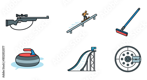 Winter sports equipment and activities illustrations set