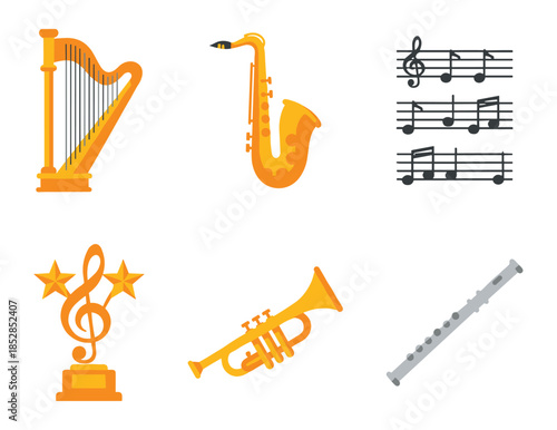 Music instruments and symbols gold icons set
