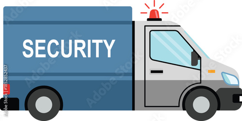 Blue and gray security van with red flashing light and white text vehicle transportation