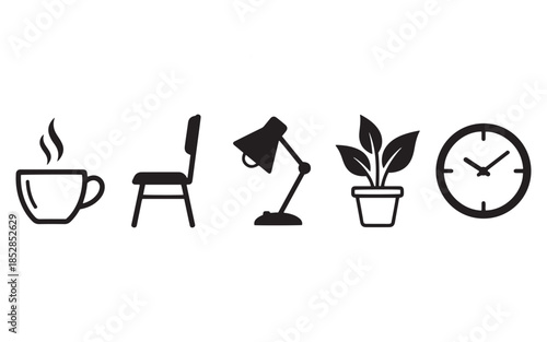 Office Workspace and Interior Essentials Icon Set: Coffee, Chair, Lamp, Plant, and Clock Vector Illustration