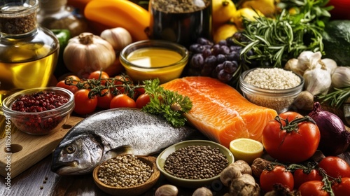 Healthy Fresh Food Ingredients: Raw Salmon Fillet, Whole Fish, Fresh Vegetables, Herbs, Spices, and Olive Oil for Balanced Diet and Cooking.