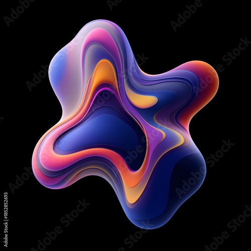 Abstract colorful 3D fluid shape with smooth layered gradients on dark background, modern digital art object for branding, technology, creative design projects