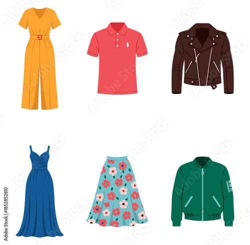 Clothing items collection: Jumpsuit, Polo Shirt, Leather Jacket, Evening Gown, Floral Skirt, Bomber Jacket