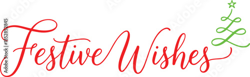 Festival wishes christmas vector hand drawn artwork showing christmas tree hanging ornaments decorative balls handwritten lettering and celebration elements