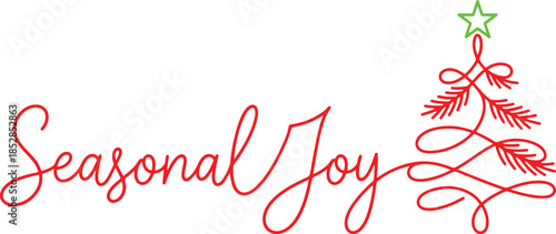 Hand drawn Christmas vector, seasonal joy illustration, Christmas tree with hanging ornaments, festive holiday decor, handwritten text style lettering, winter celebration artwork, simple festive 