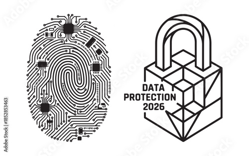 Cyber Security and Data Protection 2026 Concept with Biometric Fingerprint and Geometric Padlock Vector Illustration