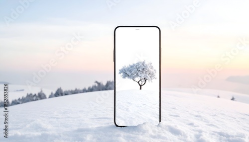 Smartphone displaying winter landscape with snow-covered tree on screen.