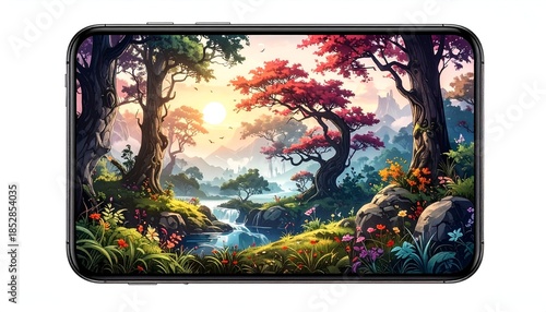 Enchanting Forest Landscape on Smartphone Screen - A Digital Art Masterpiece.