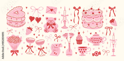 Set of hand drawn coquette elements for Valentines day, wedding invitation, birthday card. Cute girly bows, ribbons, cherry, cake, toy bear, cocktail, rose, strawberry. Vintage vector illustration.