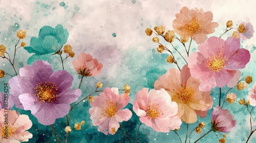 Vibrant Floral Arrangement with Watercolor Effects in Soft Pastel Tones