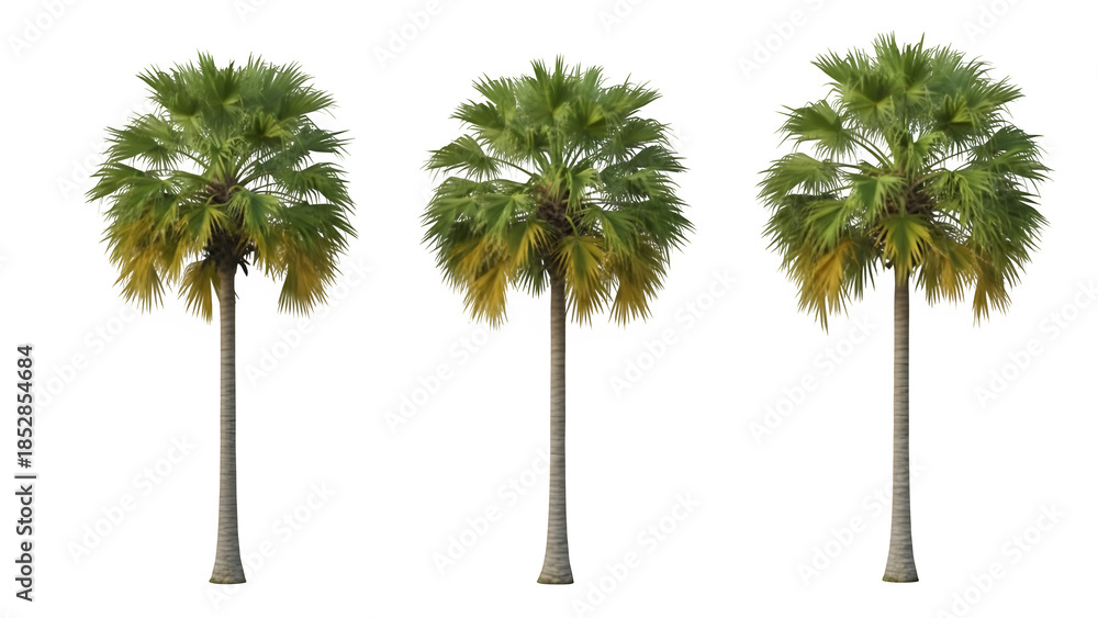 Fototapeta premium Three palm trees with green and yellow leaves on black background