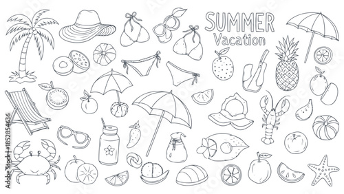 Summer vacation icons and symbols in doodle style Vector, illustration