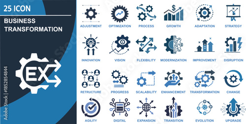 Business Transformation Icon Set: Innovation, Strategy, and Digital Growth. Solid Glyph Dual Color Style for Change Management, Agility, Optimization, Process, and Evolution.