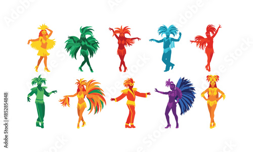 Dancing carnival set bundle people wearing bright feather costumes art