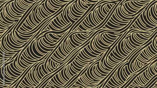 Abstract golden wavy lines forming a textured pattern on a black background.