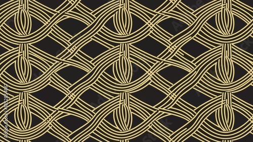 Intricate golden lines weave a complex pattern against a dark background, creating an elegant design.