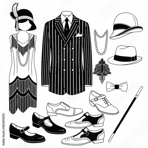 фотографія Roaring 20s fashion collection with flapper dress, pinstripe suit, and elegant a