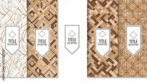 Collection of four decorative binder covers with geometric patterns in shades of brown and beige.