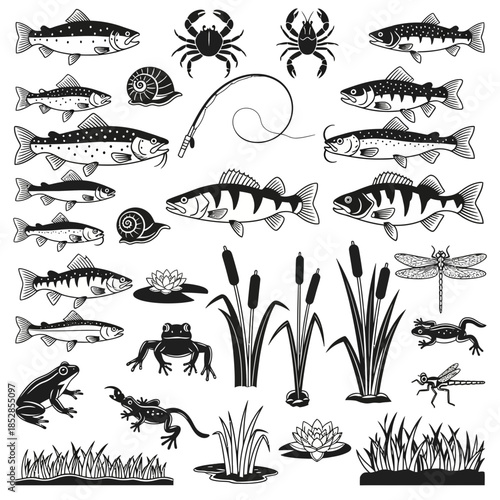 Charming collection of fishing themed wildlife icons featuring fish, frogs, dragonflies, and lily pads for nature lovers and outdoor enthusiasts