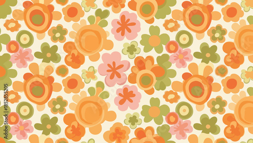 Vibrant retro floral pattern featuring orange, pink, and green flowers on a cream background.