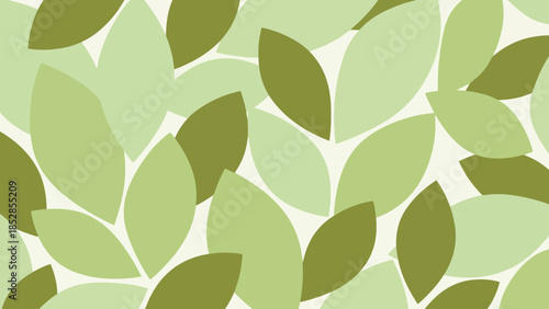 Seamless pattern of stylized leaves in shades of green on a white background.