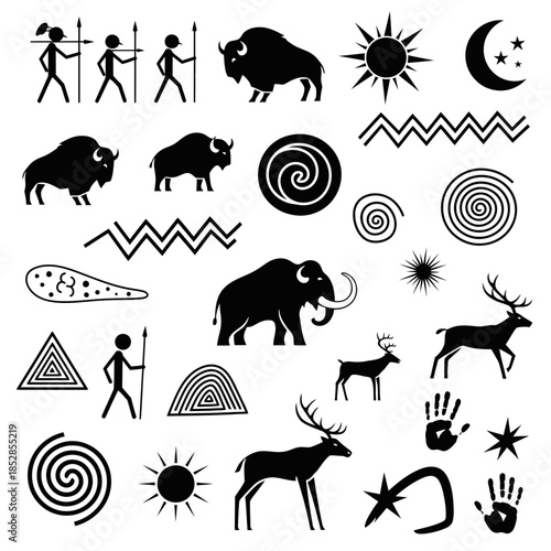 Striking tribal art featuring ancient hunters, bison, and mammoths evoking a sense of prehistoric adventure and primal connection to nature's raw power