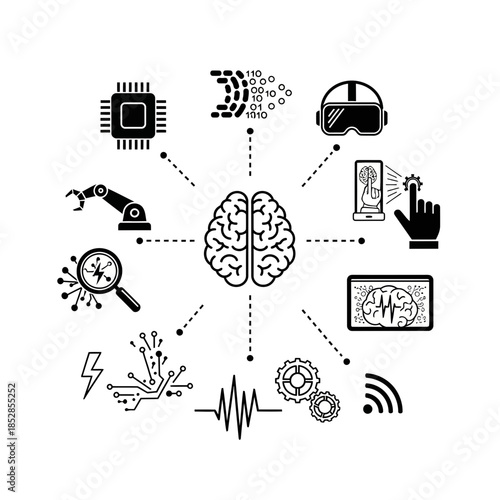 Unlock innovative tech solutions with this powerful AI concept featuring robotics, VR, big data, and smart technology perfect for futuristic projects