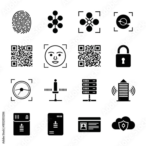 Modern security icons featuring fingerprint, QR code, face recognition, and data protection for digital technology and privacy solutions in vector style