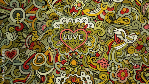 Intricate doodle art featuring hearts birds flowers and the word love