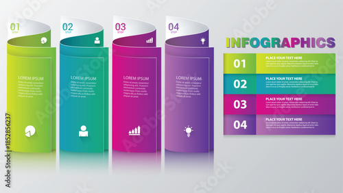 4 Steps Infographic Template with Rolled Paper Banners. Modern Vertical Business Flow Chart with 3D Cylindrical Elements and Icons for Strategy, Planning, and Data Presentation. EPS 10 Vector
