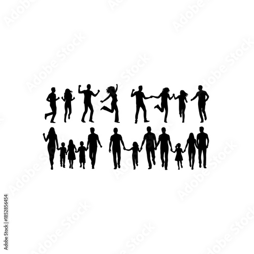 Silhouettes of people dancing and holding hands isolated on transparent background